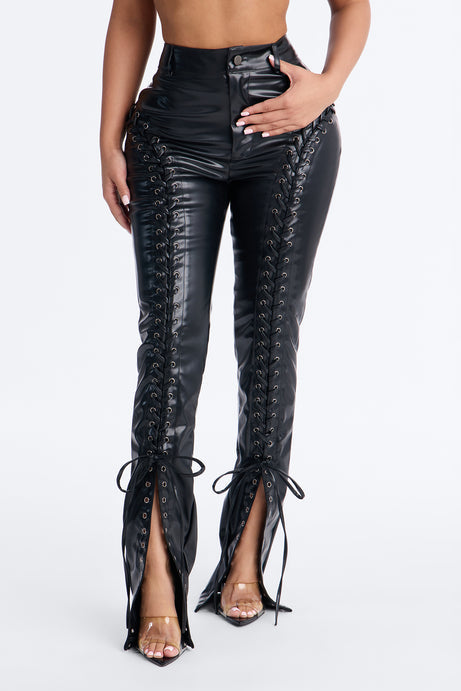 Lace Me Up Low Rise Faux Leather Flare Pant 33" - Black