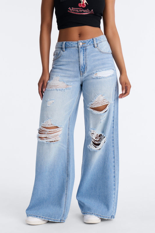 Seabrook Destroyed Wide Leg Jeans - Light Wash