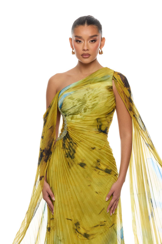 Cleo Draped Pleated Maxi Dress - Green/combo