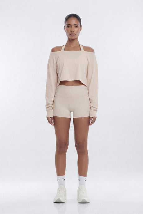 Cotton Jersey Off Shoulder Long Sleeve Crop Top - Oat Milk