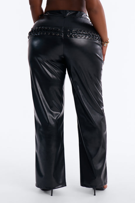 Lace Me Up Low Rise Faux Leather Flare Pant 33" - Black