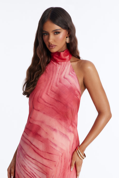 Palm Paradise Backless Satin Maxi Dress - Coral/combo