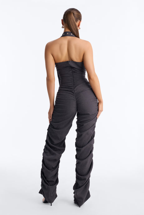 Pia Pinstripe Buckle Jumpsuit - Charcoal