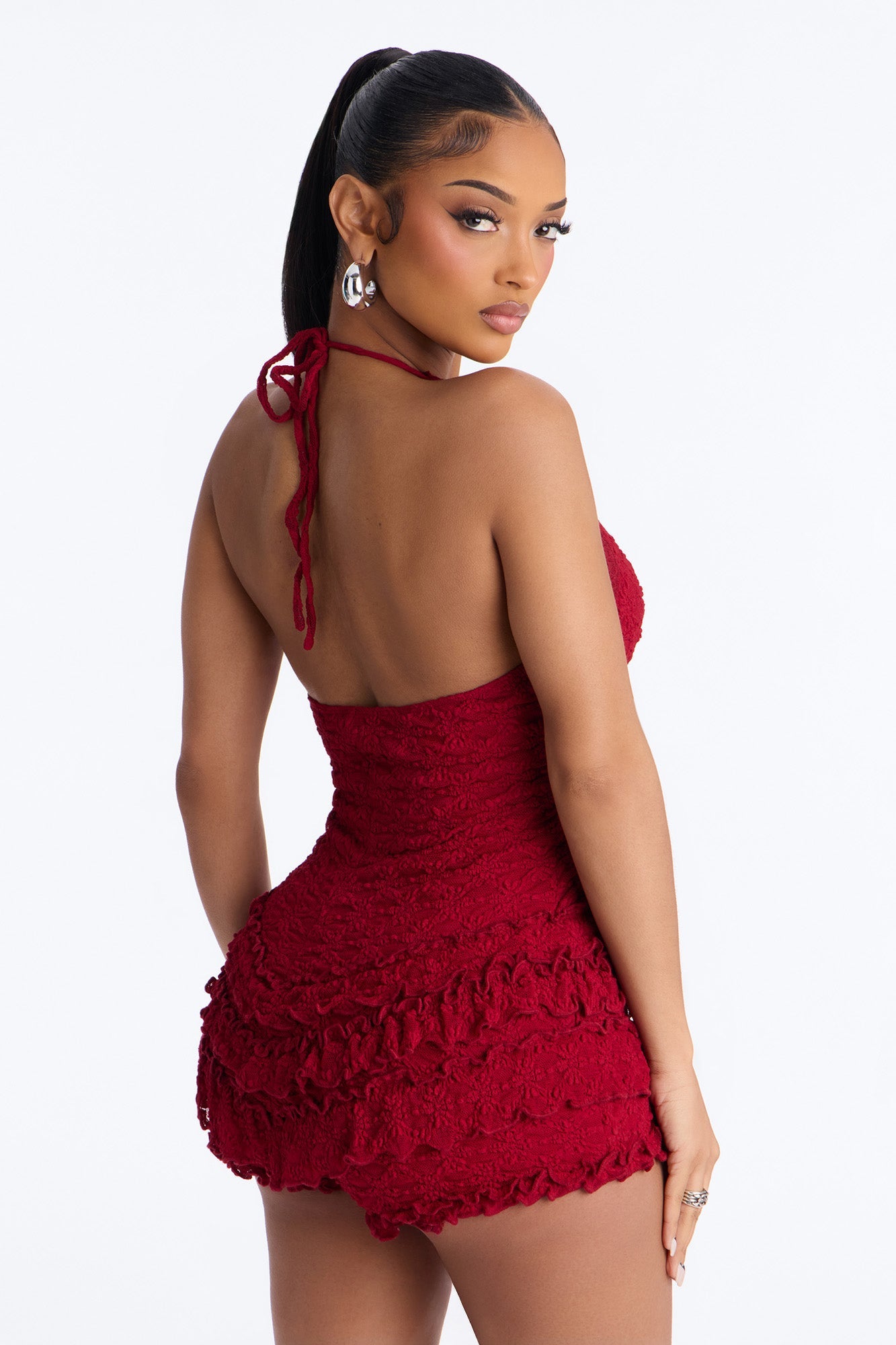 Fia Lace Halter Micro Short Romper - Red