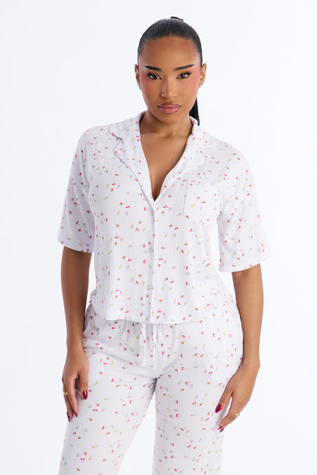 Fruit Toss Notch Collar PJ Pant Set - White