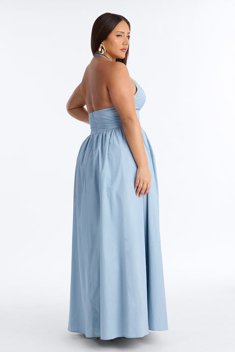 Maisie Drop Waist Poplin Maxi Dress - Blue