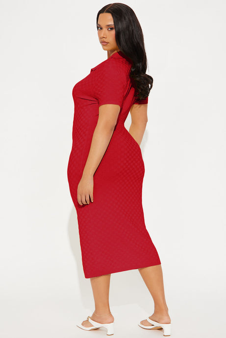 Match My Vibe Checkered Midi Dress - Red