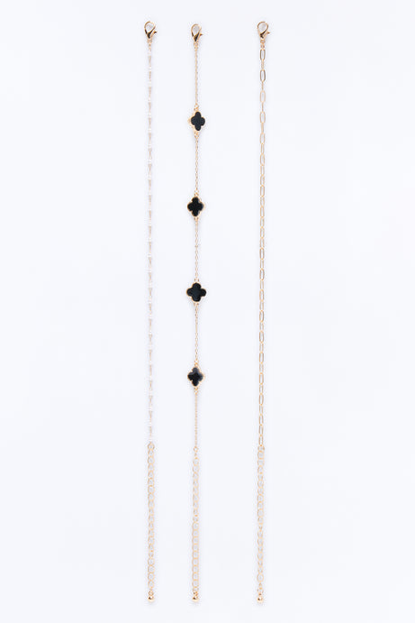 Clovers And Pearls 3 Piece Anklet Set - Gold/Black