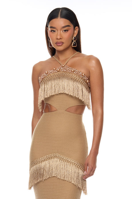 Mika Embellished Fringe Crochet Maxi Dress - Brown
