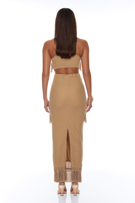 Mika Embellished Fringe Crochet Maxi Dress - Brown