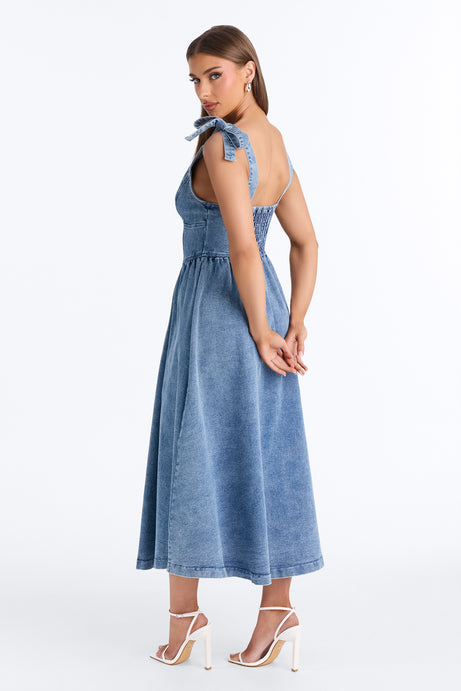Candace Pleated Denim Midi Dress - Denim
