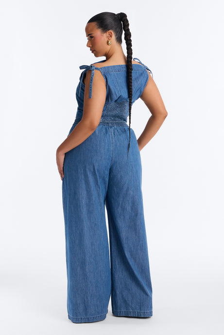 Brynn Off The Shoulder Wide Leg Denim Set - Medium Wash