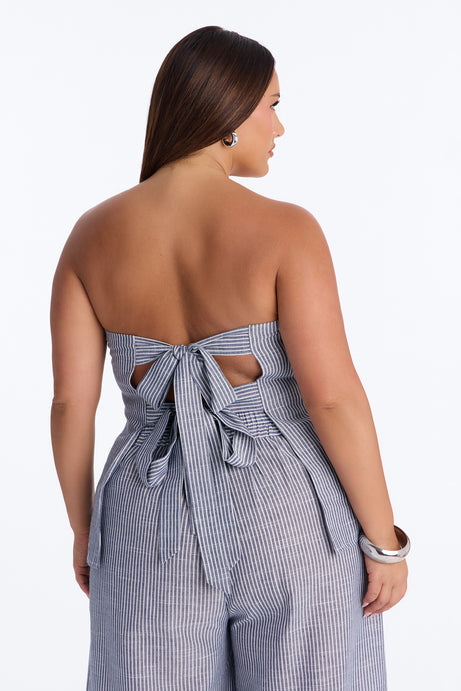 Luella Strapless Striped Linen Pant Set - White/Blue