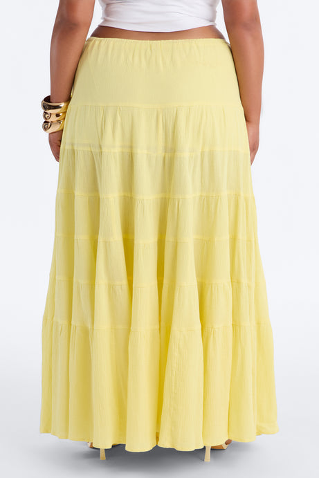 Summer Haze Tiered Rope Tie Waist Maxi Skirt - Butter Yellow