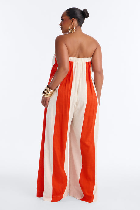 Michelle Striped Strapless Linen Jumpsuit - Orange
