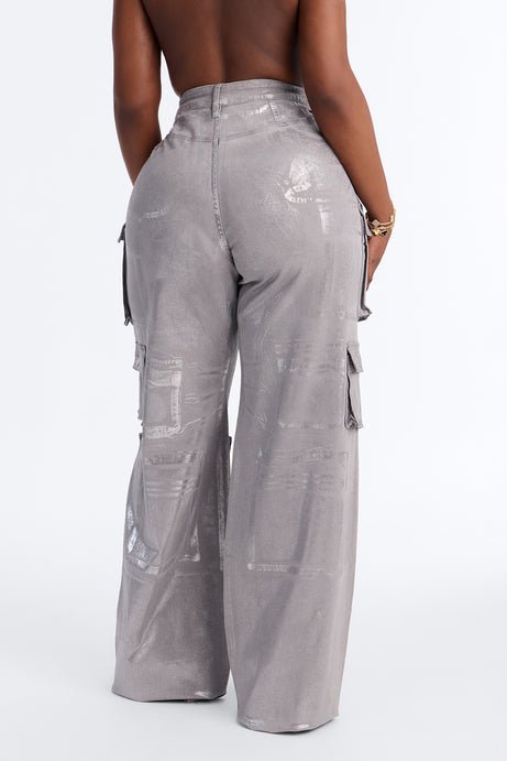 Tall Time To Shine Foil Baggy Cargo Jeans - Silver