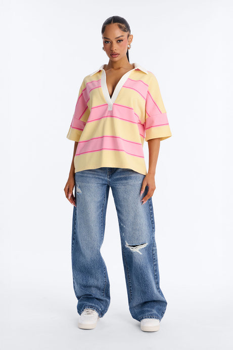 Emerson Striped Short Sleeve Polo Top - Yellow/combo