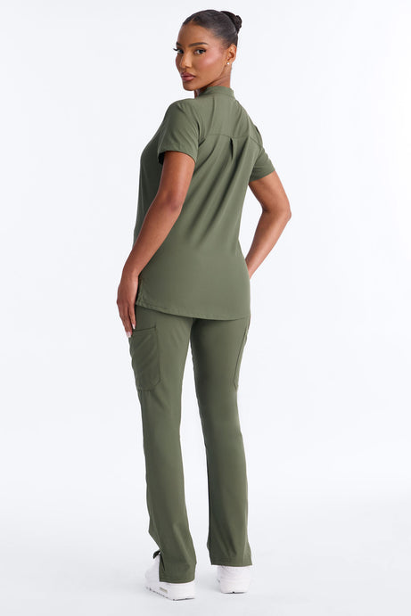 It's Go Time Collared Open Leg Uniform Scrub Set - Olive