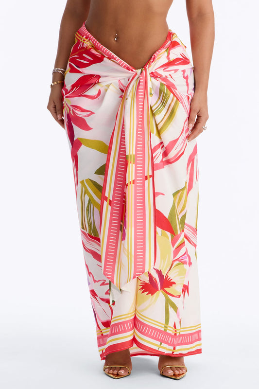 Jet Set Tropical Print Wrap Skirt - Pink/combo