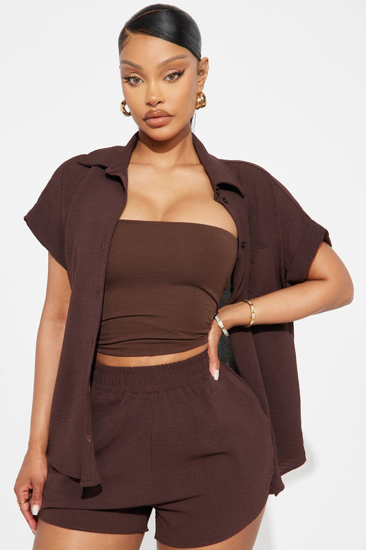 Ava Button Up Short Set - Chocolate