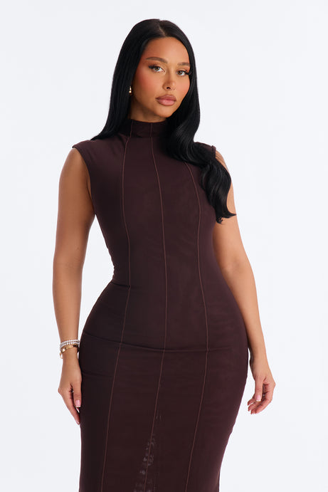 Power Mesh Double Lined Mock Neck Sleeveless Maxi Dress - Chocolate