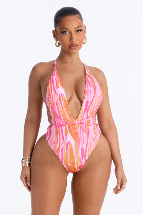 Atiana 1 Piece Swirl Halter Plunge Swimsuit & Mini Cover Up Skirt Set - Pink/combo