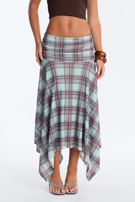 Delilah Asymmetrical Plaid Midi Skirt - Blue/combo