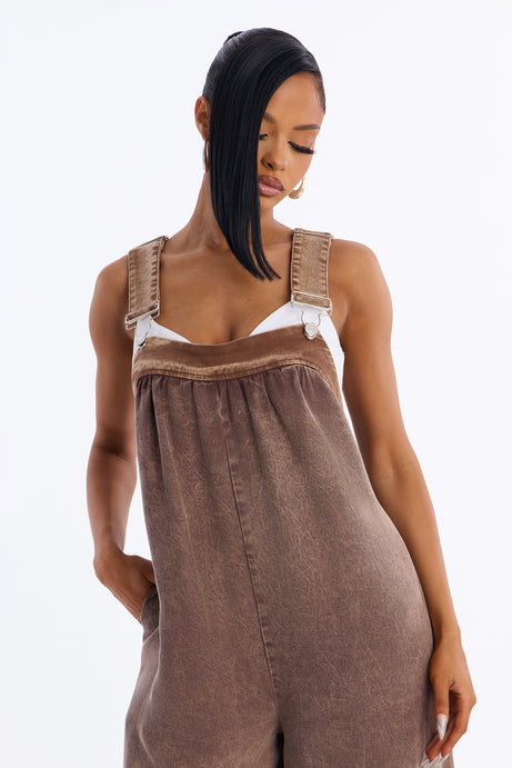 Nora Washed Wide Leg Jumpsuit - Chocolate