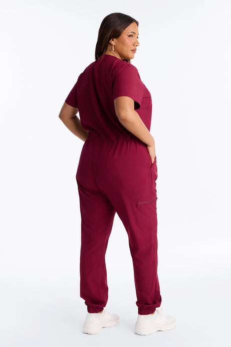 Prime Care Belted Uniform Scrub Jumpsuit - Wine