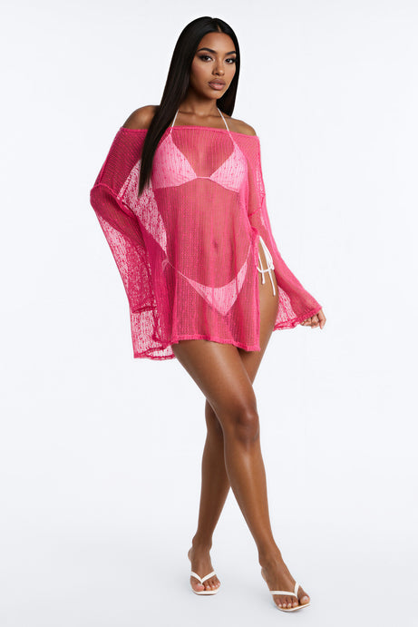 Sarah Textured Long Sleeves Off Shoulder Swim Cover Up Top - Hot Pink