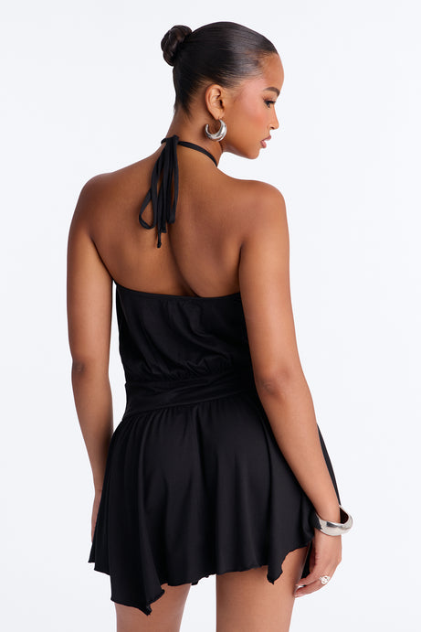 Maribel Y-Neck Sleeveless Mini Dress - Black