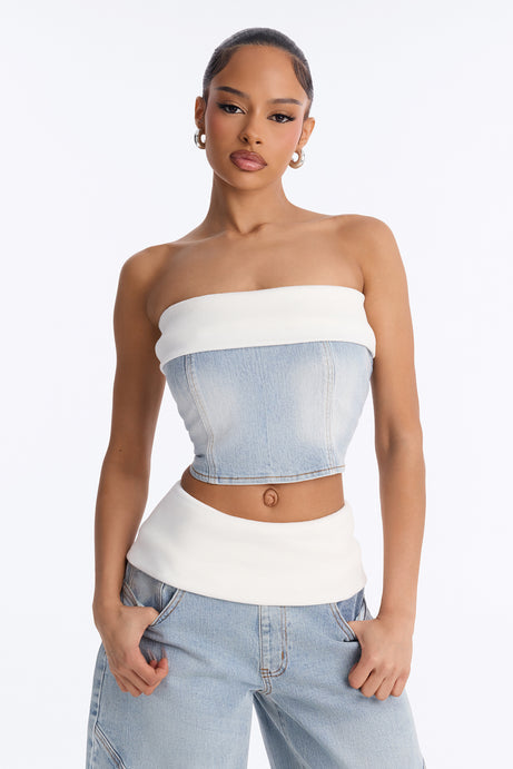 Alexa Foldover Denim Pant Set - Light Wash