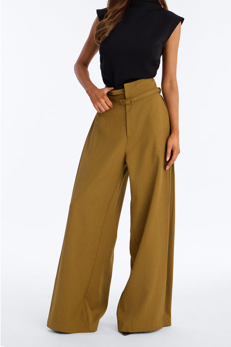 Amaia Asymmetrical Waist Belted Pleated Trouser - Olive