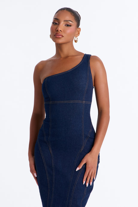 Camille One Shoulder Denim Maxi Dress - Dark Denim