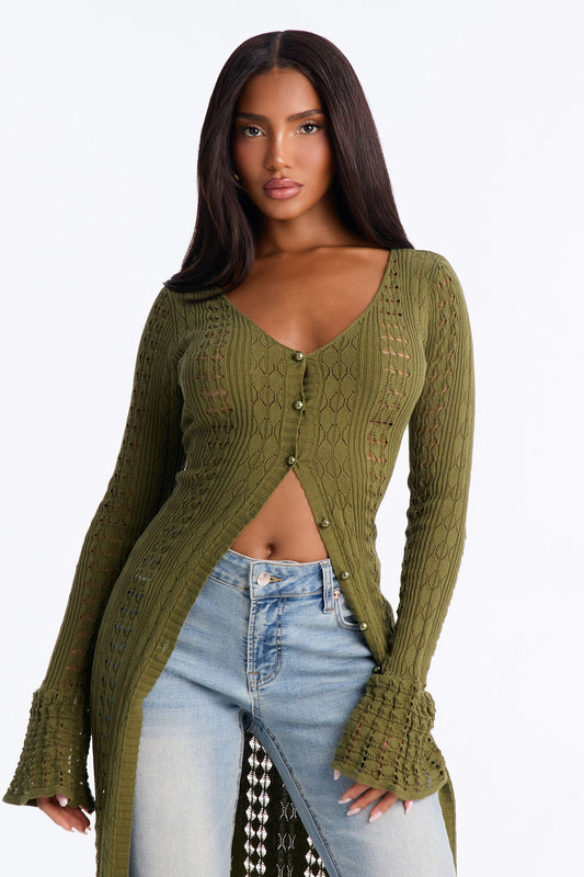 Geena Long Pointelle Cardigan Sweater - Olive