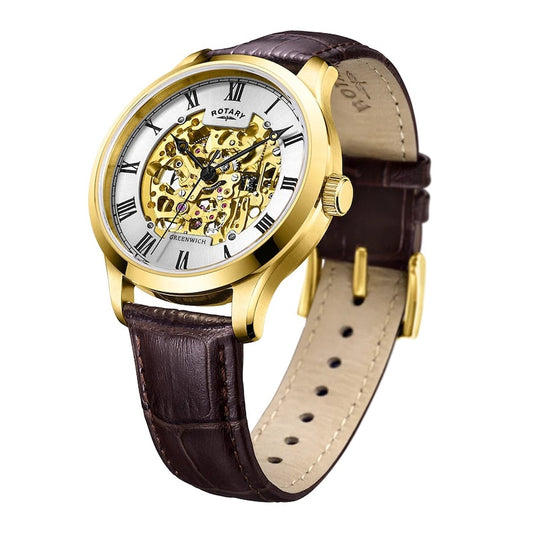 Rotary Men's Skeleton Automatic Gold Tone Brown Leather Strap Watch