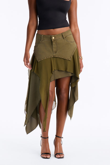 Desert Views Studded Tiered Midi Skirt - Olive
