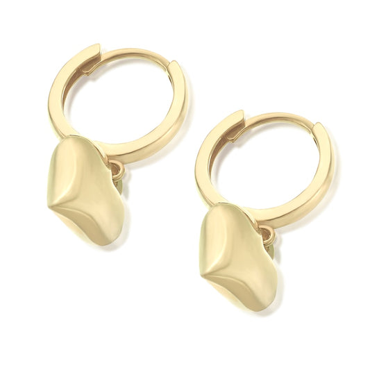 9ct Yellow Gold Puff Heart Huggie Drop Hoops
