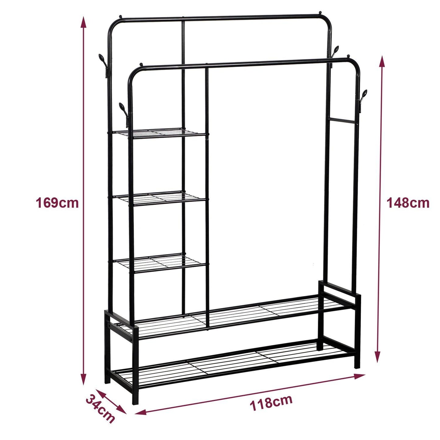 House of Home Double Clothes Rail with 2 Shoe Racks ,3 Shelves