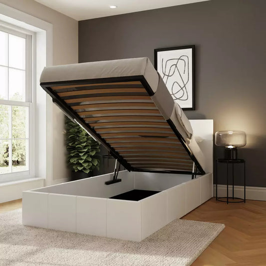 GFW End Lift Single Faux Leather Ottoman Bed - White