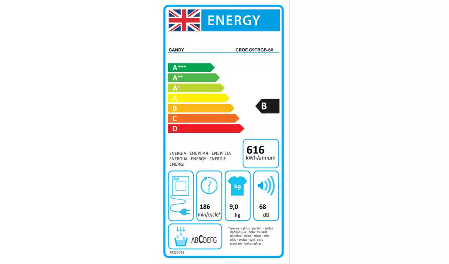 Candy CROE C9TBEB-80 9KG Condenser Tumble Dryer - Black