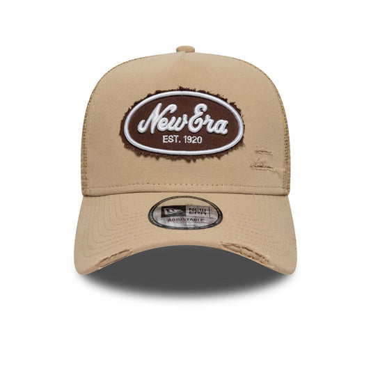 New Era Canvas Distressed Light Beige 9FORTY A-Frame Trucker Cap