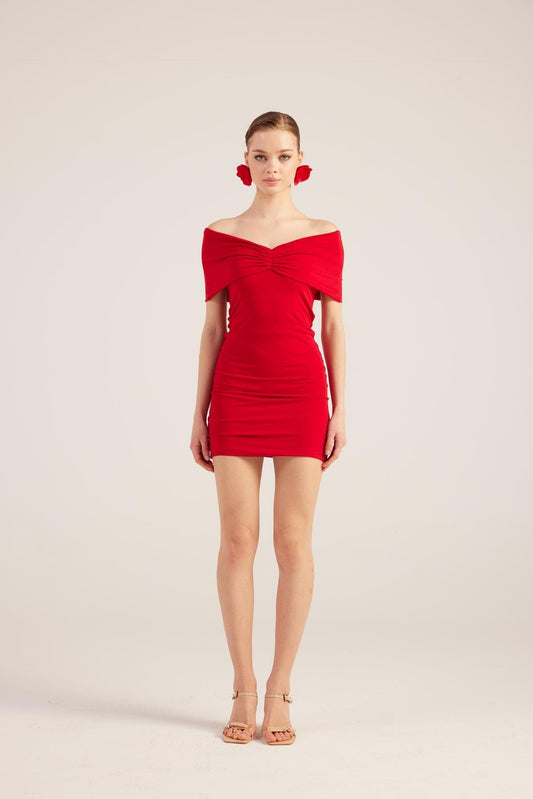 Muse Red Bardot Neck Mini Dress - Interactive Group
