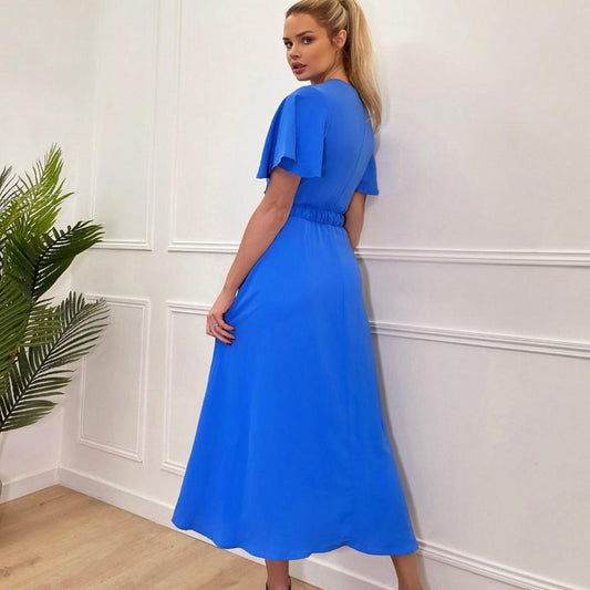 Blue Short Sleeve Belted Wrap Midi Dress