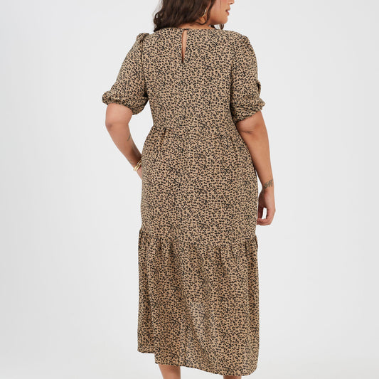Brave Soul Plus Size Short Sleeve Animal Print Midi Dress with Tiered Hem