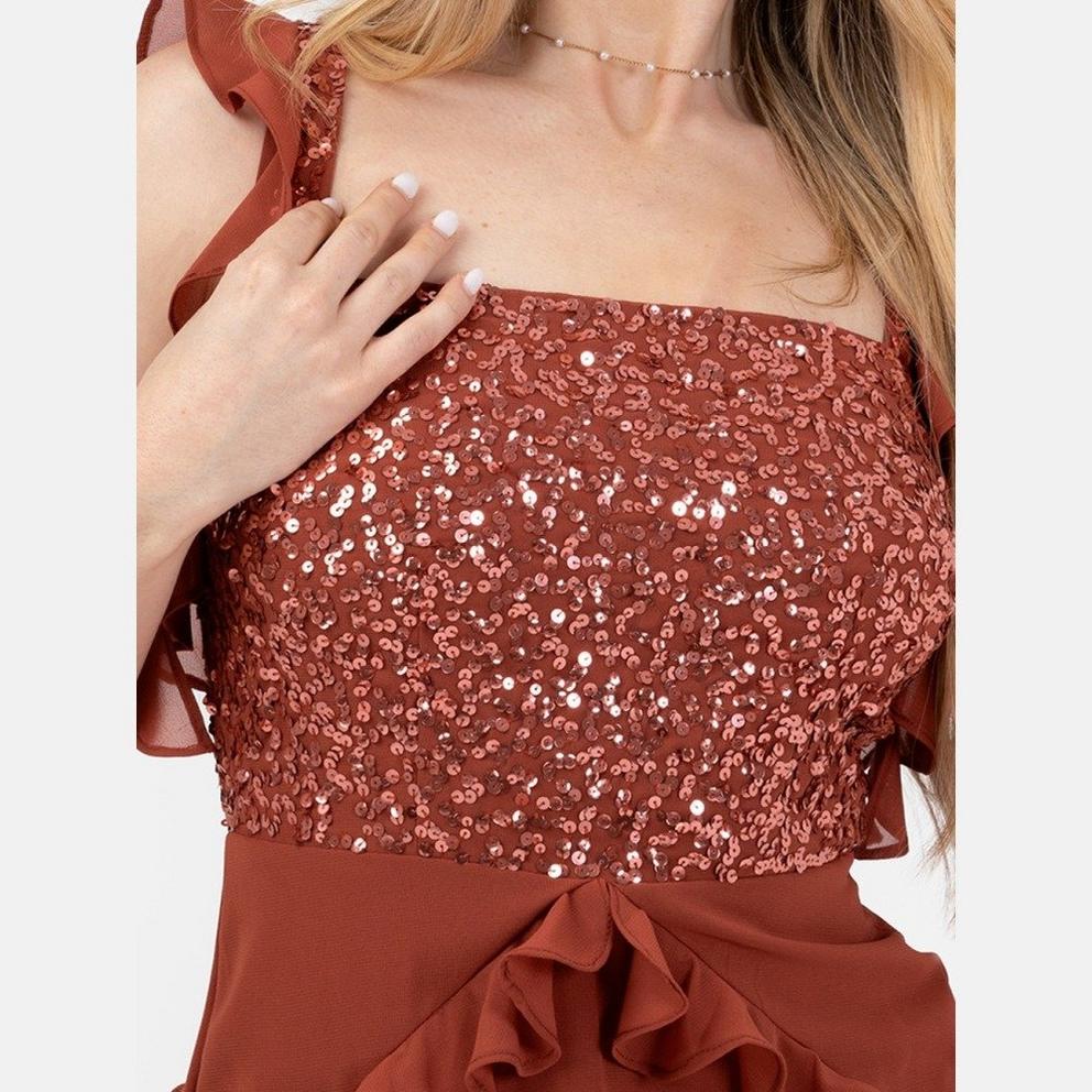 Maya Embellished Strappy Midi Dress with Ruffle Detail