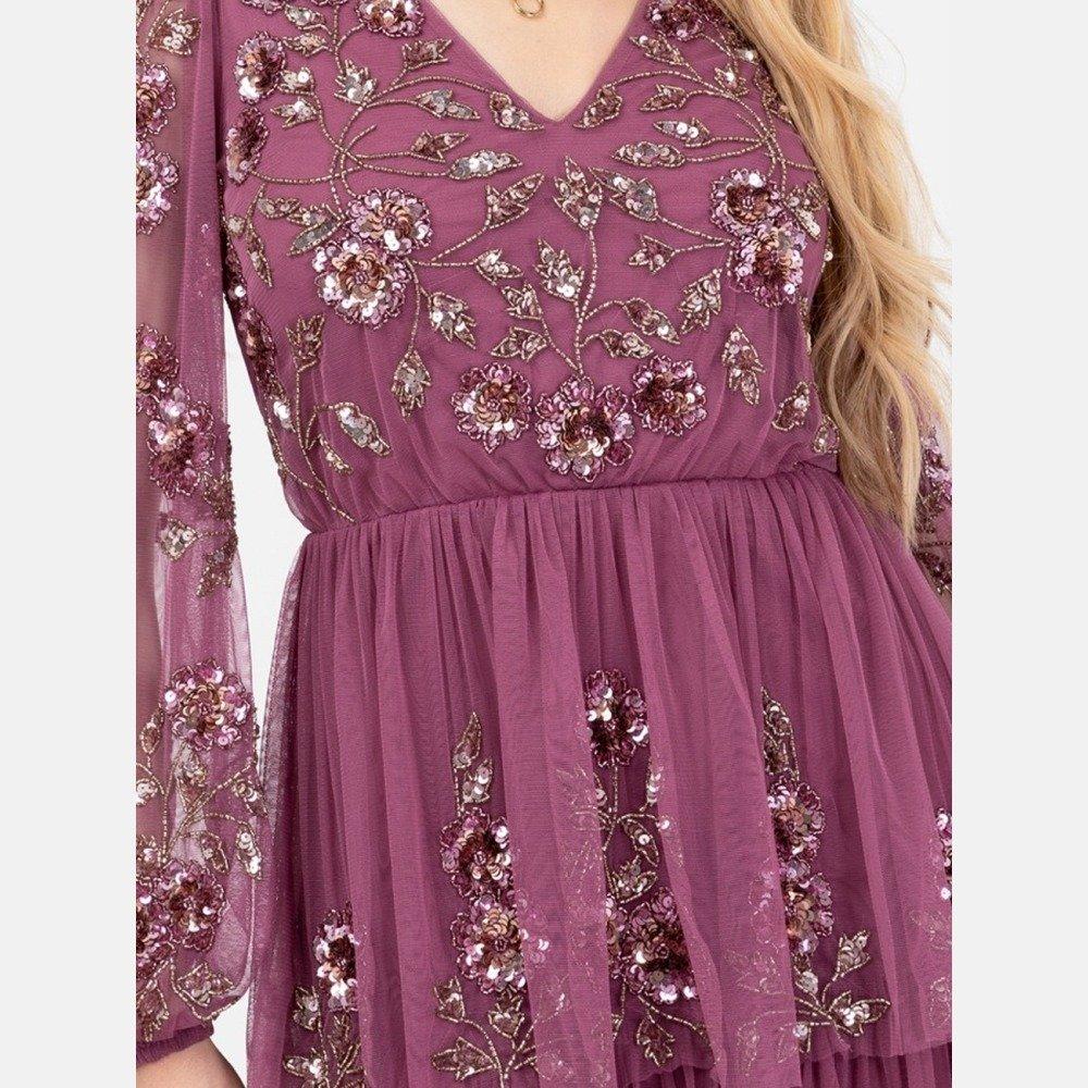 Maya Deluxe Maya Purple Embellished Maxi Sleeve Tiered Maxi Dress