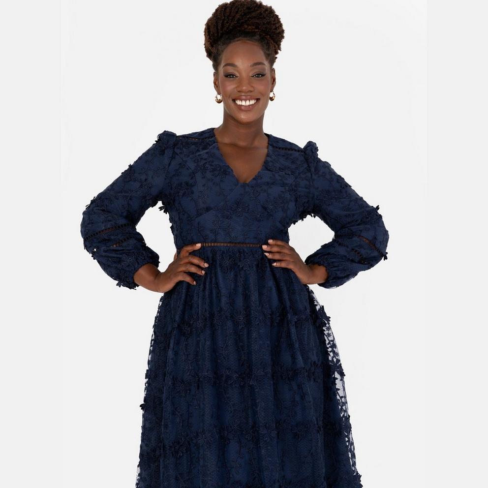 Maya 3D Floral Embroidered Maxi Sleeve Midi Dress