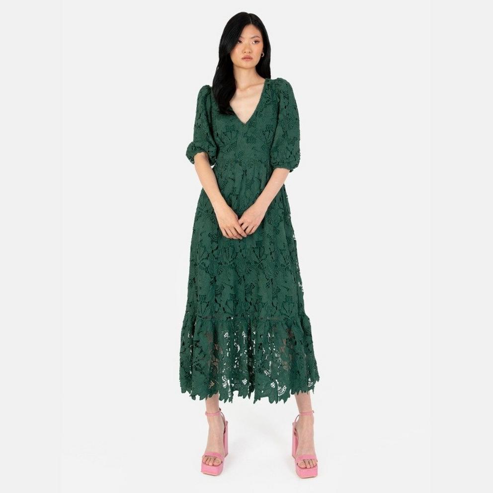 Maya Emerald Floral Lace Tie-Back Midaxi Dress