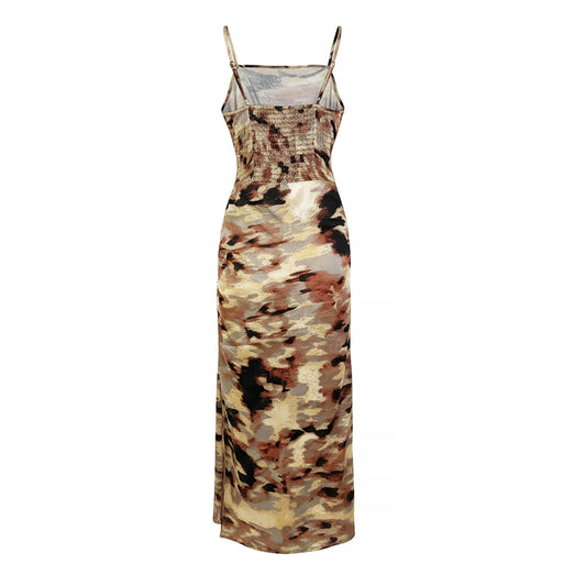 AX Paris Brown Smudge Print Strappy Ruched Side Midi Dress